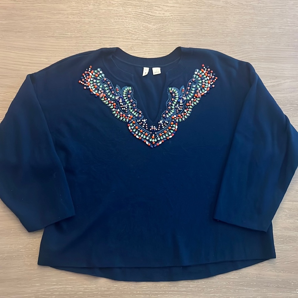 MOTH by Anthropologie - Colorful Beaded Sweater with V-Neck and Cropped Sleeve